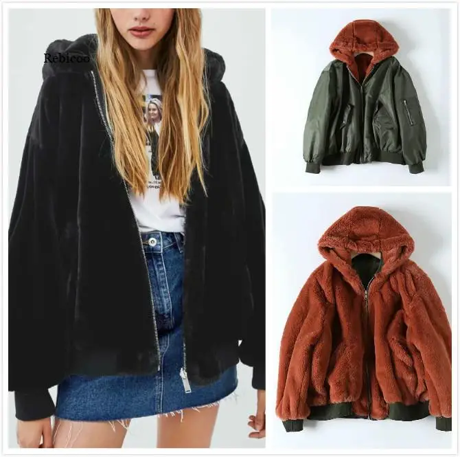 Winter Reversible Hooded Jacket Faux Fur Fleece For Winter Womens Tops Bomber Jackets Coats Black Outwear With Long Sleeve