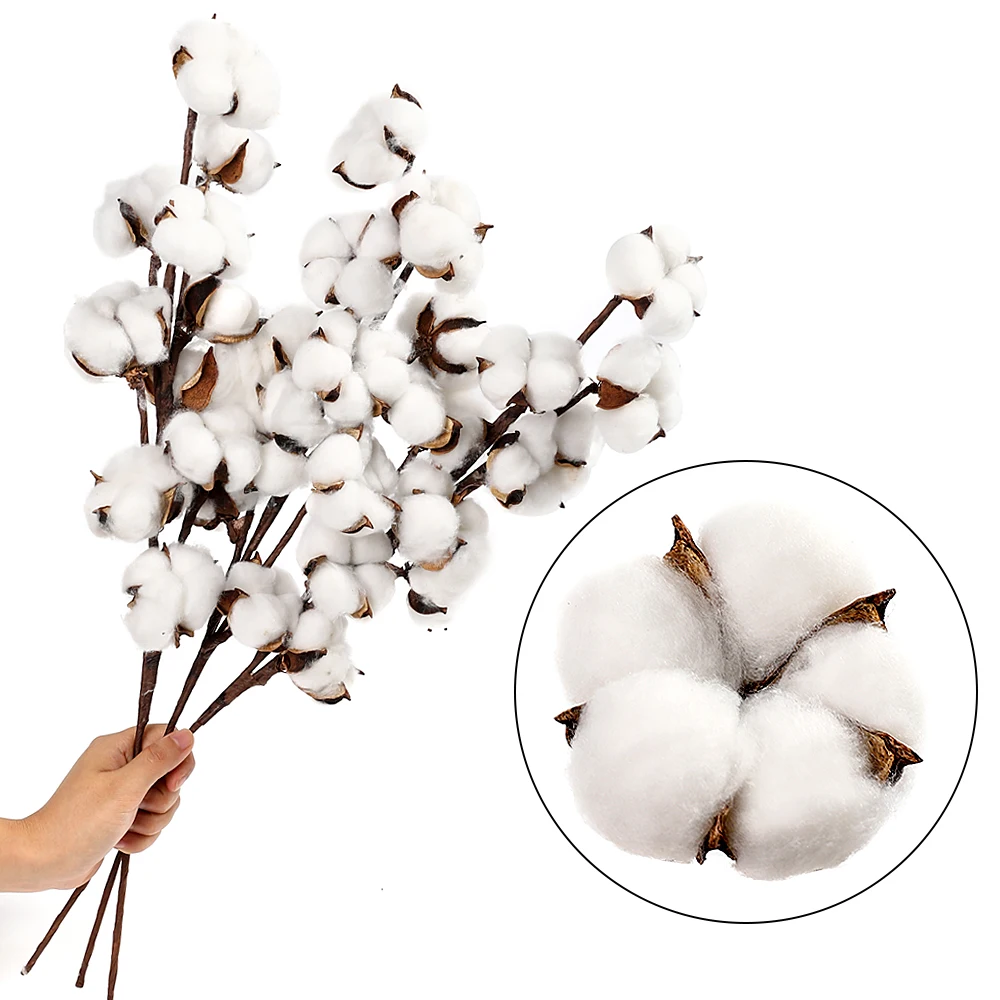 4/6/10Head Dried Cotton Heads Branches Dry Cotton Ball Stalks Natural Rustic Home Decor Centerpiece Cotton Christmas Door Wreath