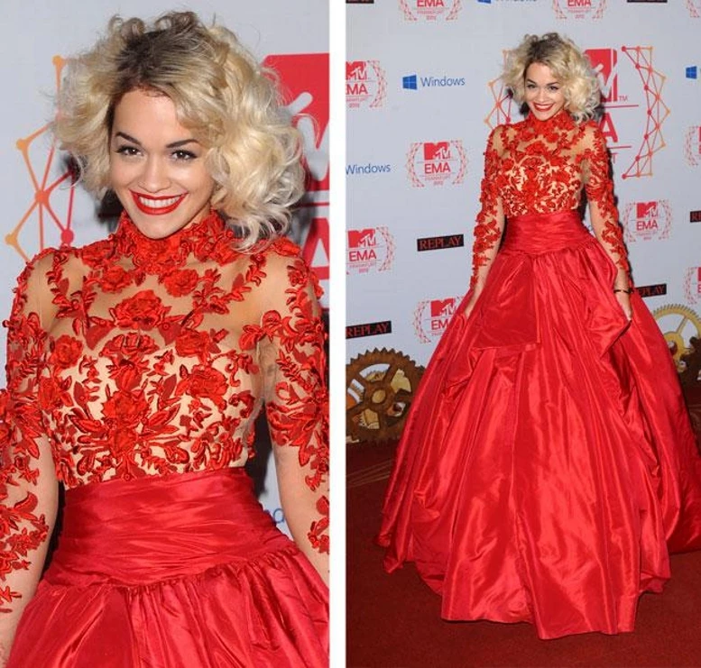 Elegante Lange Mouwen Hoge Hals Taft Celebrity Avondjurken Red Prom Wear Pure Tule Applique Rode Loper Jurken