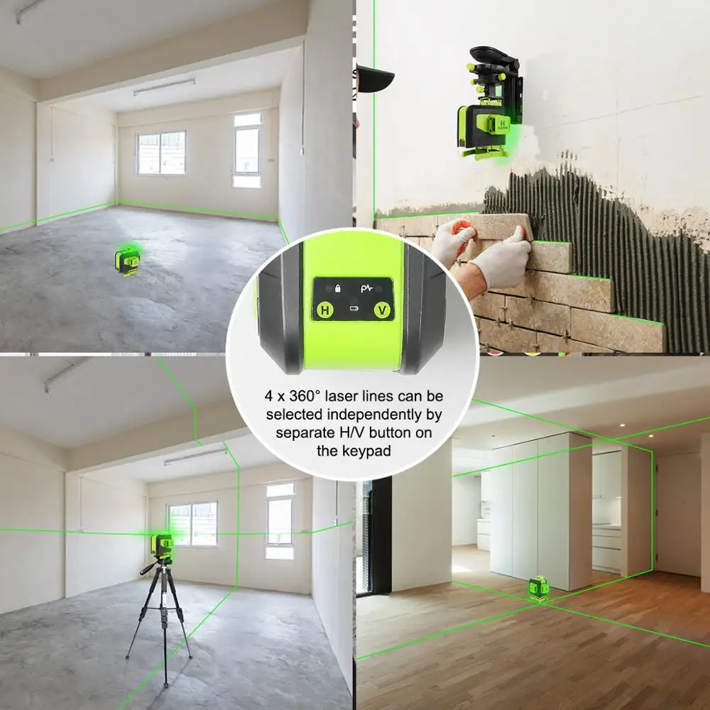 Imagem -05 - Cruz Linha Nível Laser 16 Linhas Linha Feixe Verde Li-ion Bateria para Azulejos Piso Multifunções Controle Remoto Huepar4d
