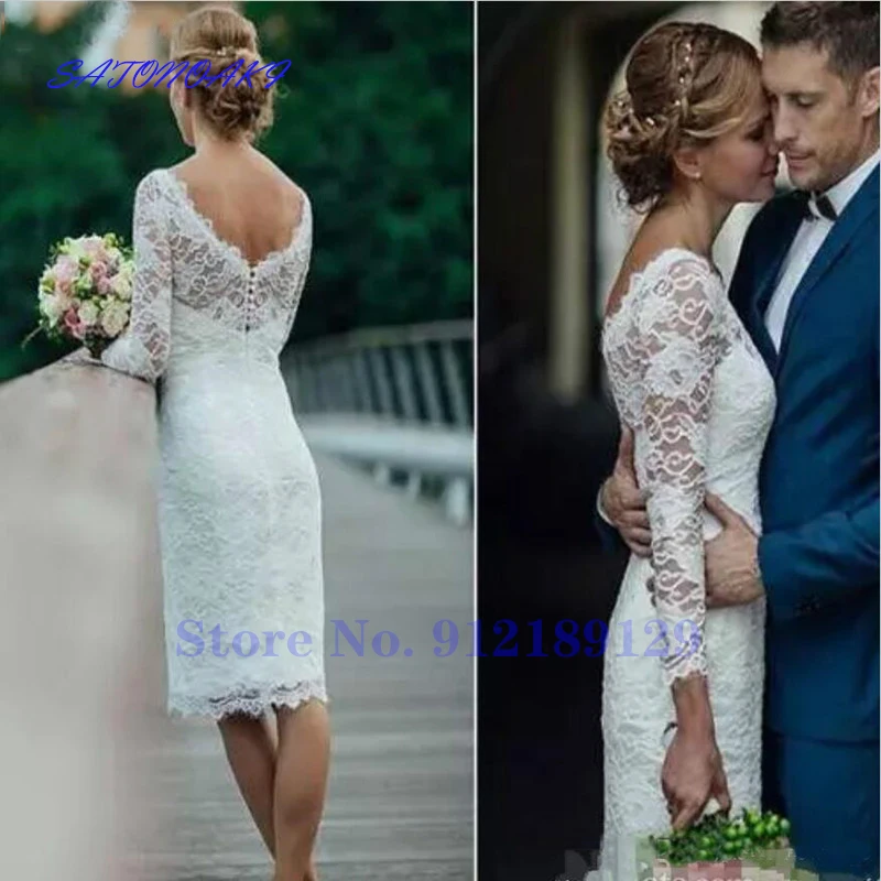 Customized Simple White Sheath Lace Short Wedding Dress for Bride Long Sleeve Knee Length Party Bridal Gowns Vestidos De Novia