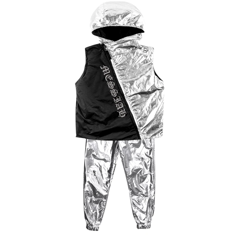 Silver Street Dance Costume Boys/Men Hooded Vest Cool hiphop Pants Nightclub Male Jazz Costume Dancing Show Stage Wear VDB1702