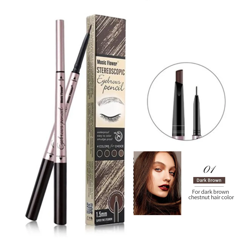 Music Flower Brand 4 Color Double Head Eyebrow Pencil Waterproof Eye Makeup Brows Natural Tone Long-lasting Silky Makeup