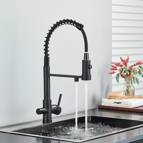 Imagen 2 del producto Grifo de cocina purificador de oro cepillado, grifos filtrados extraíbles, grúa de latón de doble caño, grifo mezclador frío y caliente de doble mango, montaje en cubierta