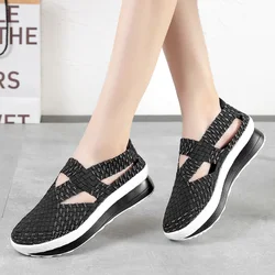 Women Shoes Flat Platform Woven Sneakers Slip On Breathable Walking Shoes Fashion Female Tenis 4.5CM Heigh Handmade Footwear