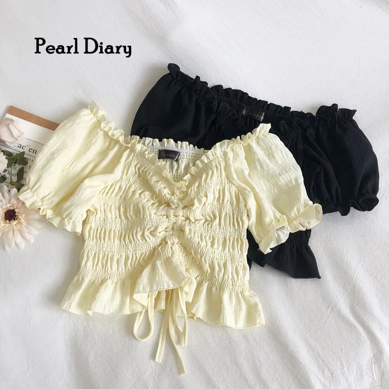 Pearl Diary Women's Summer New Cute Style One-way Collar Bubble Short Sleeve Drawstring Pleated Blouse