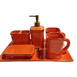 Bathroom Accessories Set,Ceramic Liquid Soap Dispenser,Toothbrush Rack,Gargle Cup, Orange,Wedding Gift,Birthday Present, Luxury