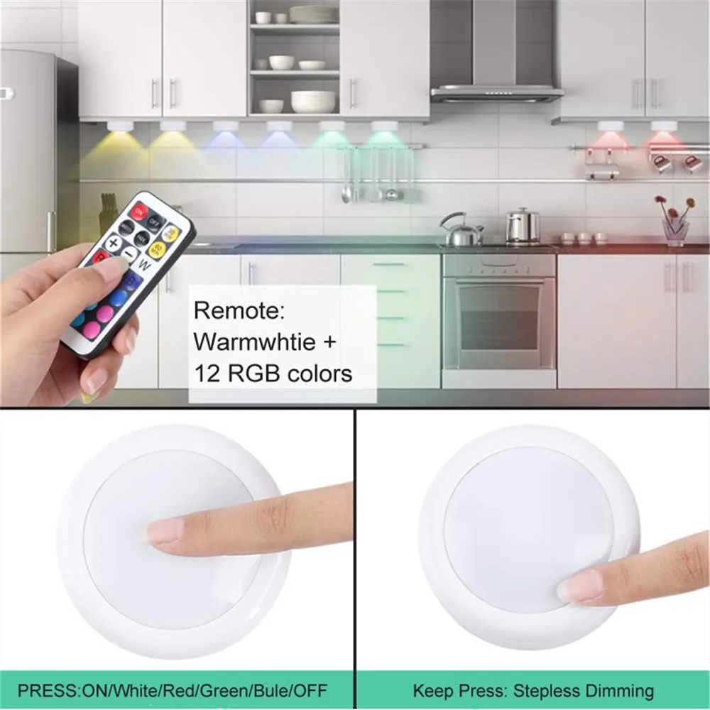 RGB LED Puck Nachtlichter Fernbedienung Dimmbare Unterbauleuchte Batteriebetriebene Kabellose Drucklampe Küche Schrank – Detail 16