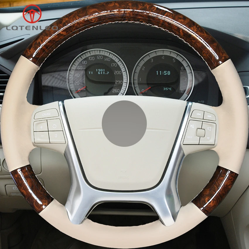 LQTENLEO Wood Grain Beige Genuine Leather Car Steering Wheel Cover For Volvo S80 S80L 2010-2015 XC60 2009-2013 XC70 2011