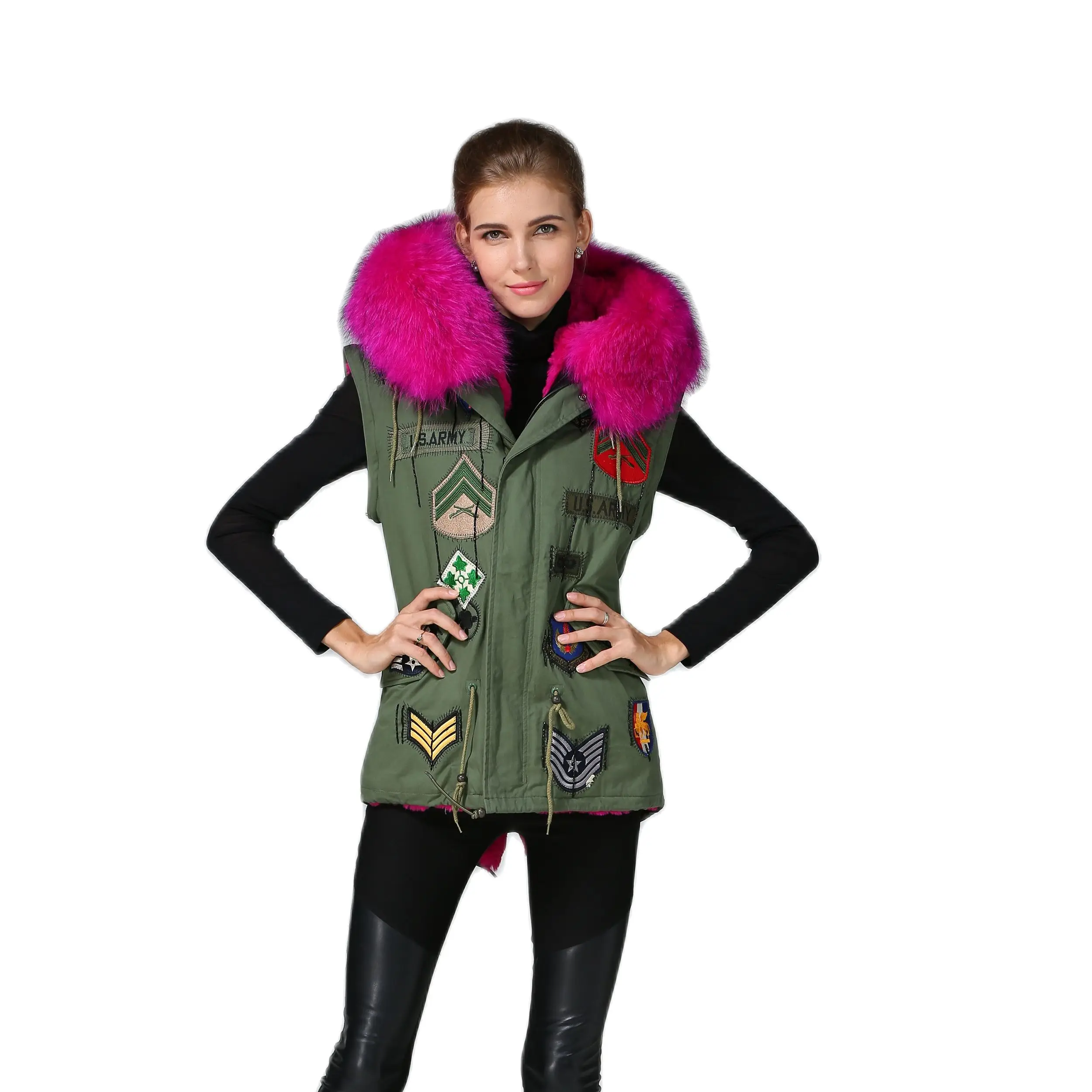 

Casual And Fashion Women Badge Army Green Short Vest Rose Red Faux Fur Lined Waistcoat Raccoon Fur Collar Trimming