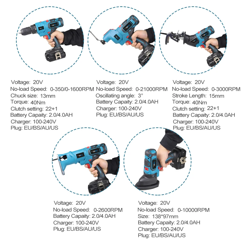 5-in-1 Combo kit Drill, jig saw, reciprocating saw, oscillating tool,Sander attachments MAKITA18V/NEWONE 20V battery Combo kit