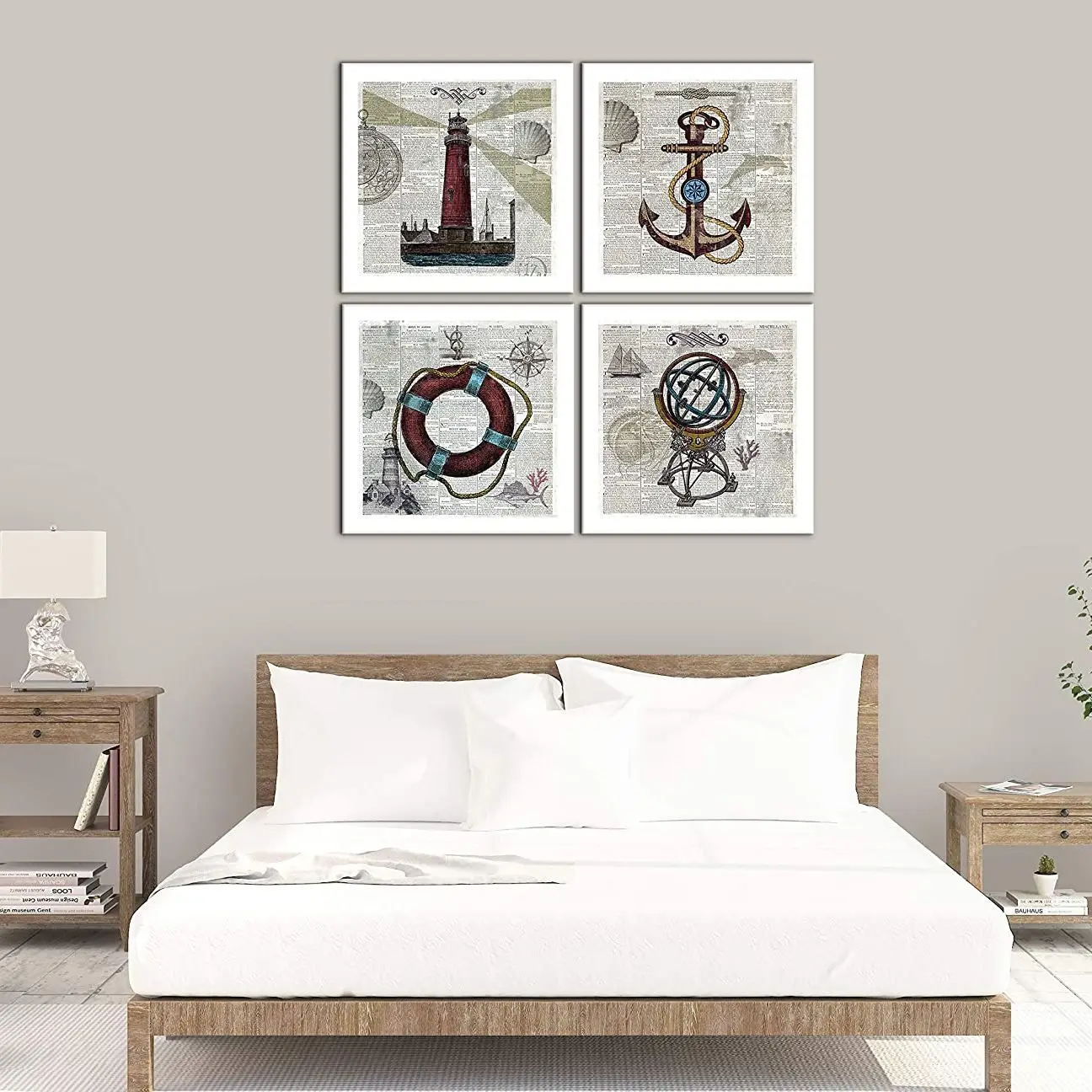 4 Pieces Anchor Lighthouse Swimming Ring Globe Sailboat Posters Canvas Pictures Wall Art Home Decor Paintings Room Decorations