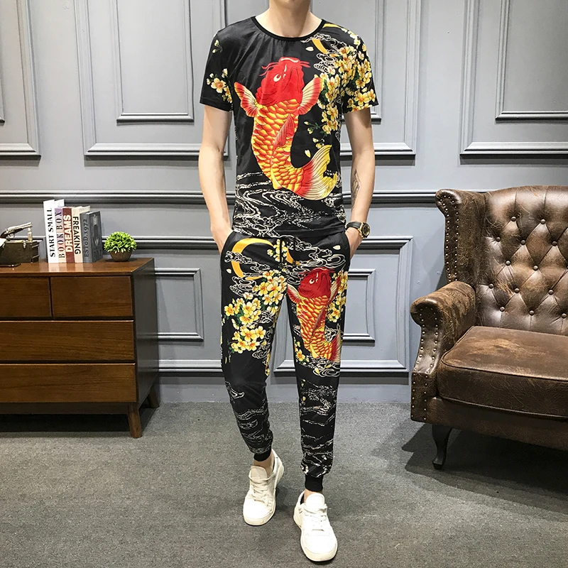 

Print Men Fish Short Sleeve T Shirt 2 Piece Set Men Outfits Men Set Trainingspak Heren High Quality Tracksuit Top And Pant