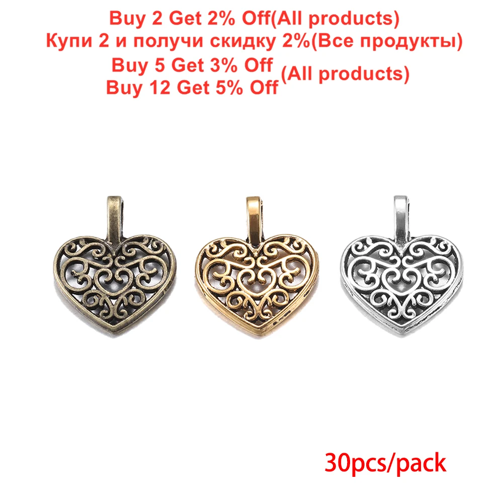 30Pcs/Lot Vintage Tibetan Metal Bronze Plated Hollow Out Heart Antique Pendants Charms Bracelet for DIY Jewelry Making Supplies