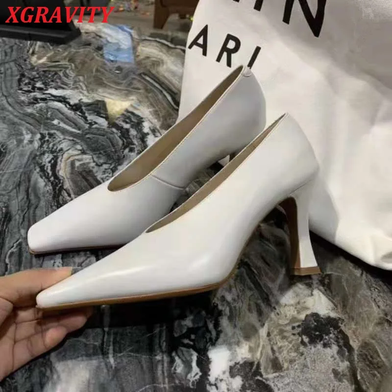 

XGRAVITY Branded Vintage Thin High Heel Shoes European American Vintage Mother's Shoes Square Toe Dress Shoes Female Footwear