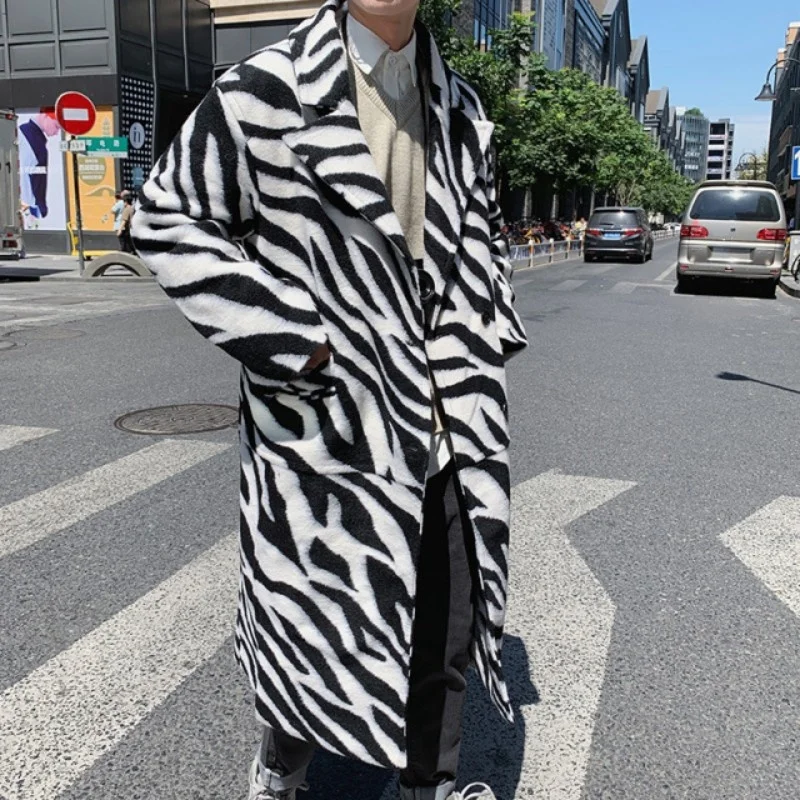 Coat Woolen Mens Lapel Single-Breasted Zebra-Striped Loose Thickening Warm Winter Middle Length Jacket Large Size Korean Style