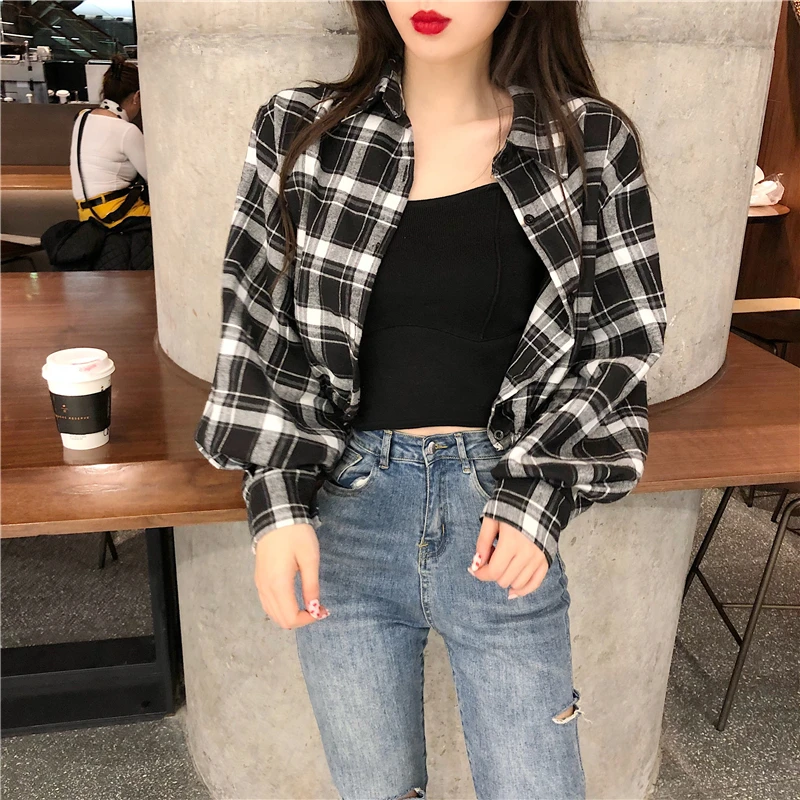 Crop Shirts Women Turn-down Collar Designer Plaid Shirring All-match Streetwear Korean Style Simple Leisure Tops Lantern Sleeve