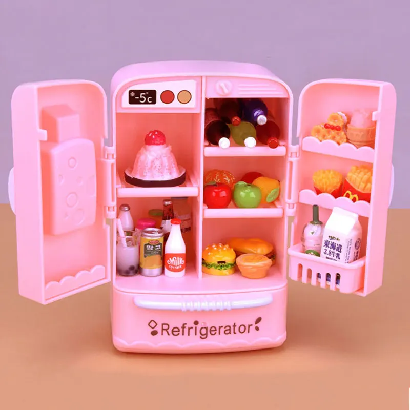 Mini Double Door Refrigerator Girl Toys Miniature Kitchen Furniture Accessories for Barbie Dolls & Kids Play Food Games