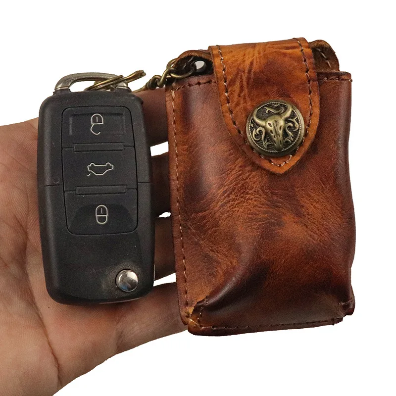 Original Leather Key Holder Car Key Wallet Smart Keychain Key Organizer Unisex Solid Wrinkle Keys Wallet Chain Purse Housekeeper