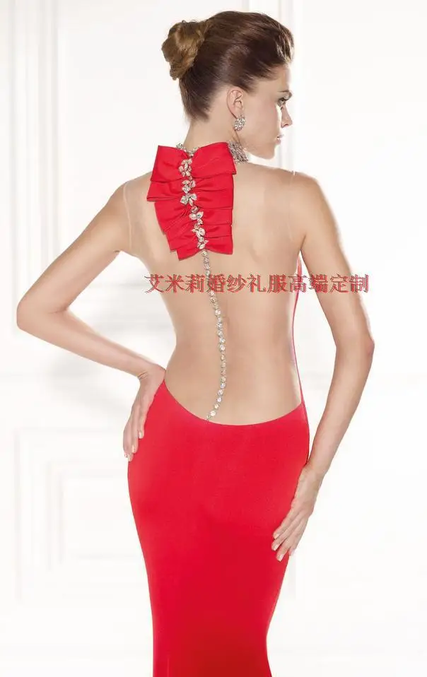 free Shipping Cheap highneck crystal bow vestido de festa 2016 new fashion sexy backless party Formal red long evening Dress