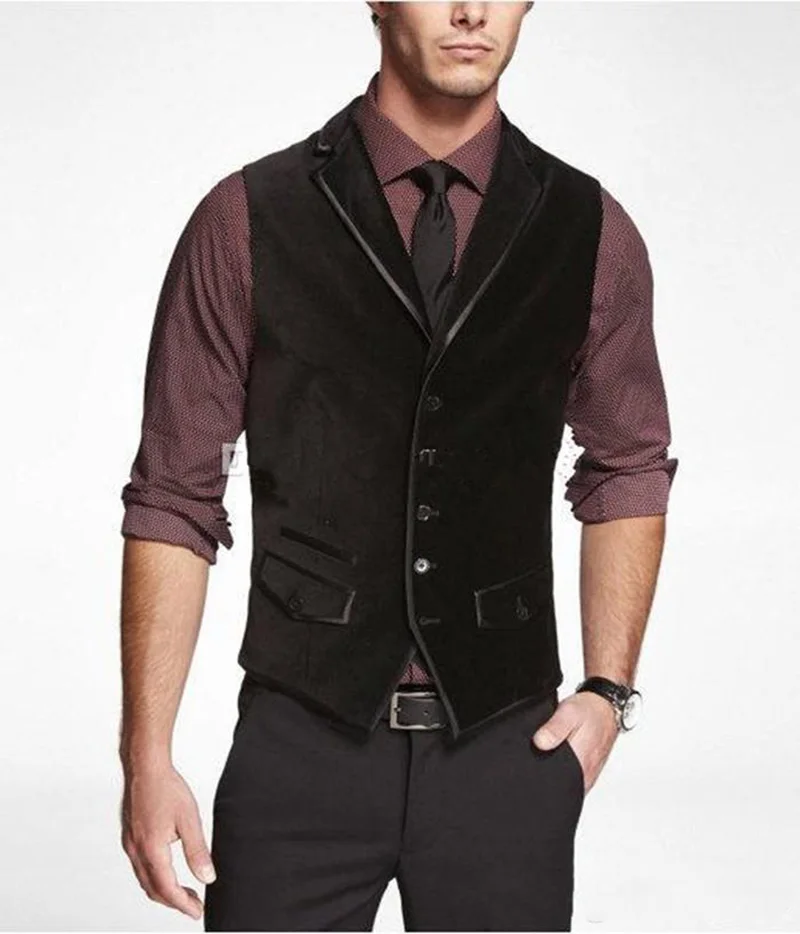 Gilet de costume slim en velours noir pour hommes, revers, style britannique, mode masculine, mariage