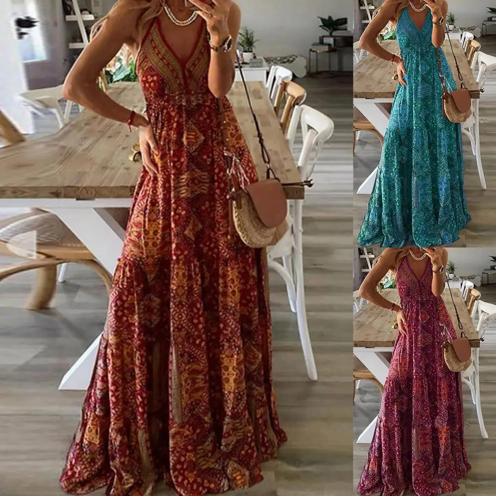 Stijlvolle Boho Jurk Losse Vrouwen Vrouwen Jurk Mouwloos Backless Diepe V-hals Jurk Voor Vakantie Zomer Jurk