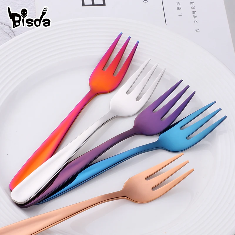 1Pc Fruit Fork  stainless Steel Small Forks For Dessert Rainbow Small Tea Fork Gold Mini Forks for Cake Colorful Dinnerware