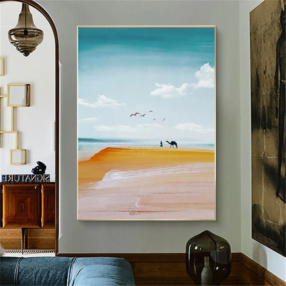 Hand-Painted Oil Painting North Africa Middle East Desert Landscape Camel Auspicious Bird Canvas Paint Modern Home Decoration