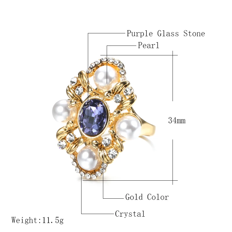 Wbmqda Luxury Purple Big Wide Rings Gold Color Cubic Zirconia Stone Wedding Band Big Rings For Women Vintage Jewelry Party Gift