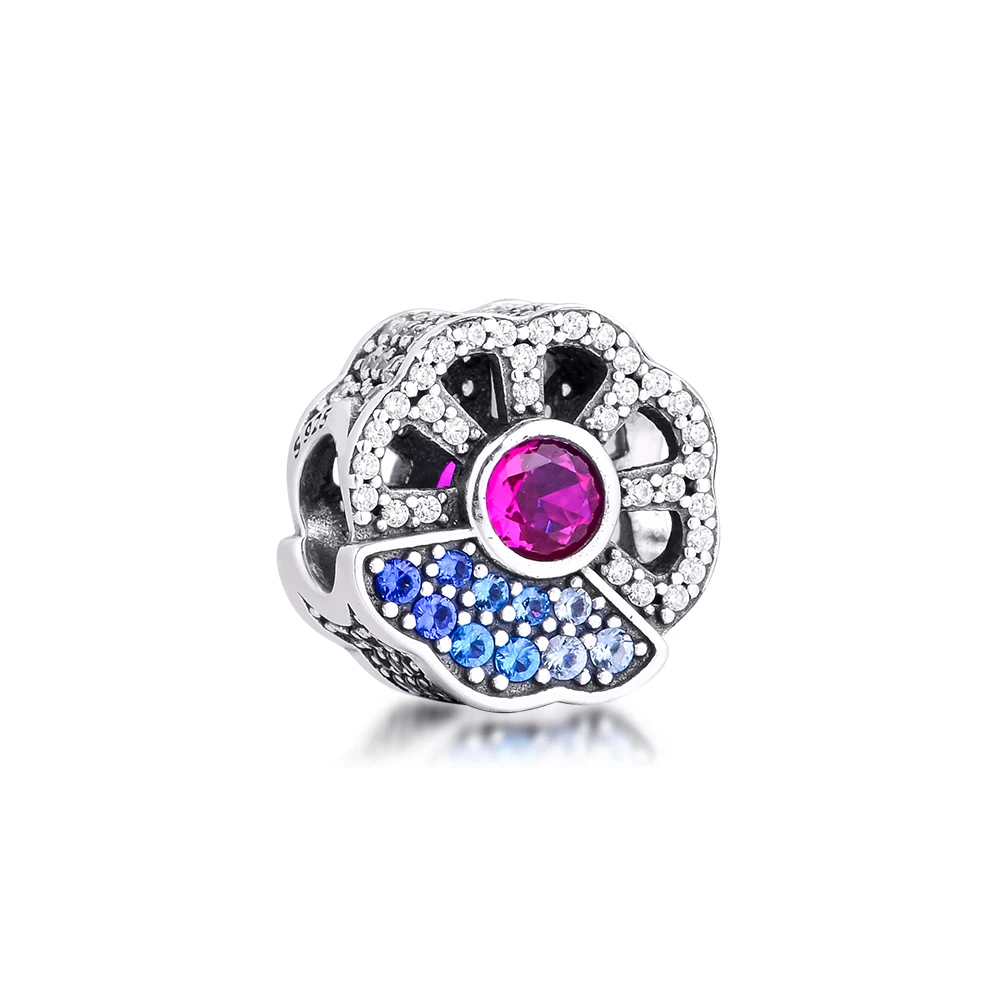 Chinese style Blue & Pink Fan Charm DIY Beads For Jewelry Making 925 Silver Fits Original Silver Charms Bracelets For Woman