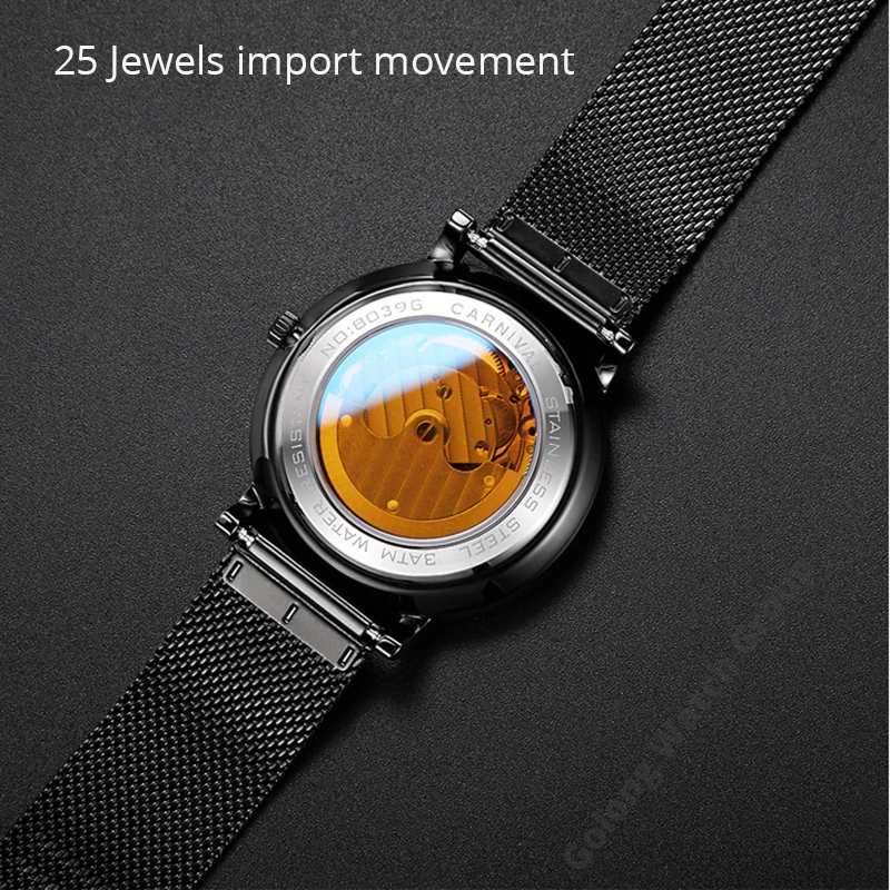 Relogio Fashion ultrathin Automatic Watch CARNIVAL Simple Mechanical Watch Men Sapphire Calendar Separate Second Dial Mesh Strap