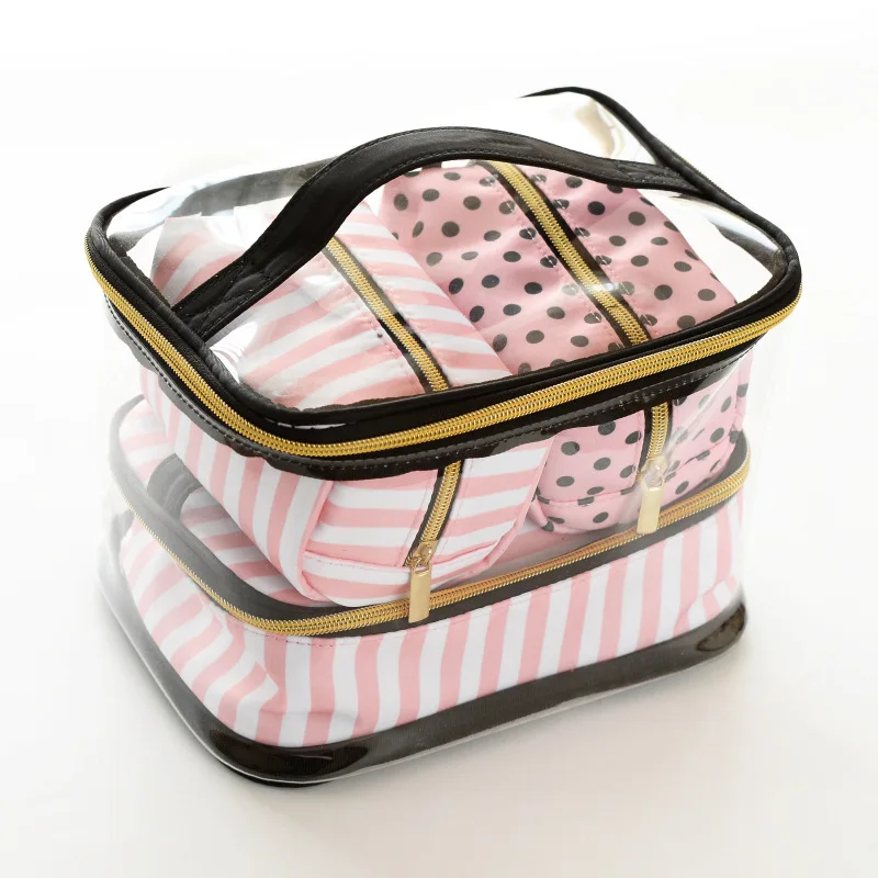 

2021 Transparent PVC Cosmetic Bag Travel Toilet Bag Four-Piece Portable Multifunction Set Pink Makeup Organizer Bag Cosmetician