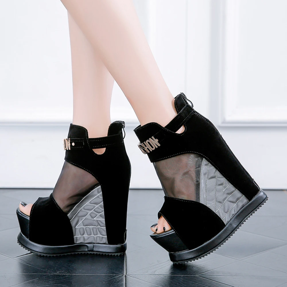 2022 Summer Flock Ankle Boots Women Sandals Sexy Hollow High Slope With Fish Mouth Women Shoes Thick Bottom Wedges Rome Shoes