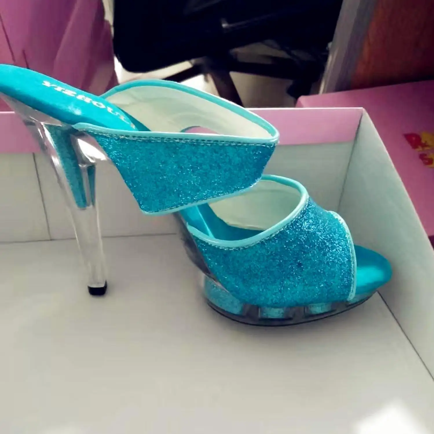 13cm high heels, sexy blue sequined sandals for model night clubs, transparent stage slippers for parties