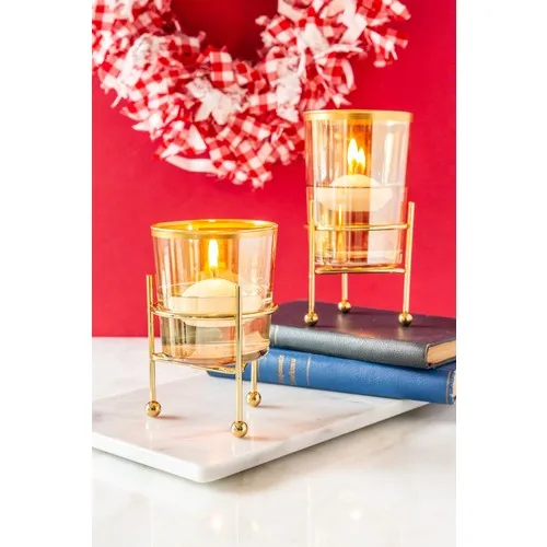 Rigging House 2'li Decorative Metal Flip Gold Candle Holder and Water Floating Candle