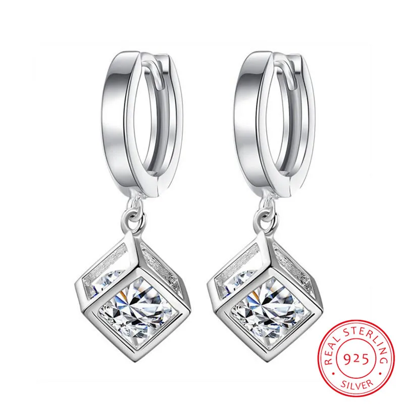 925 Sterling Silver Cube Amore Finestra Zirconia Zucchero Orecchini A Pendaglio Per Le Donne brincos de prata Best Regalo S-E228