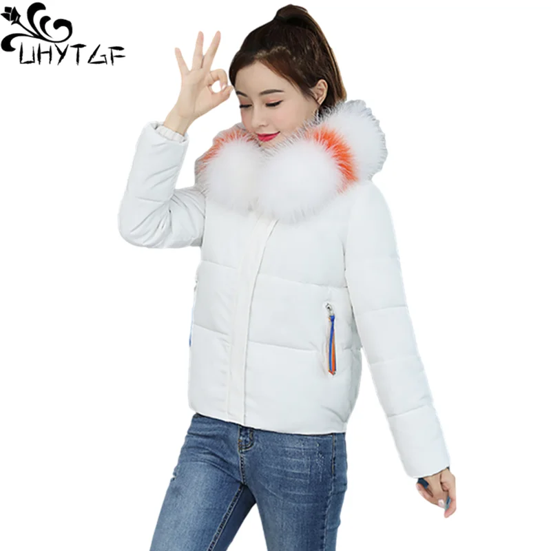 

UHYTGF Down Jacket Women Parkas Large Fur Collar Hooded Cotton Coat winter Clothes Woman Jacket Short Tops Mujer Chaqueta 943