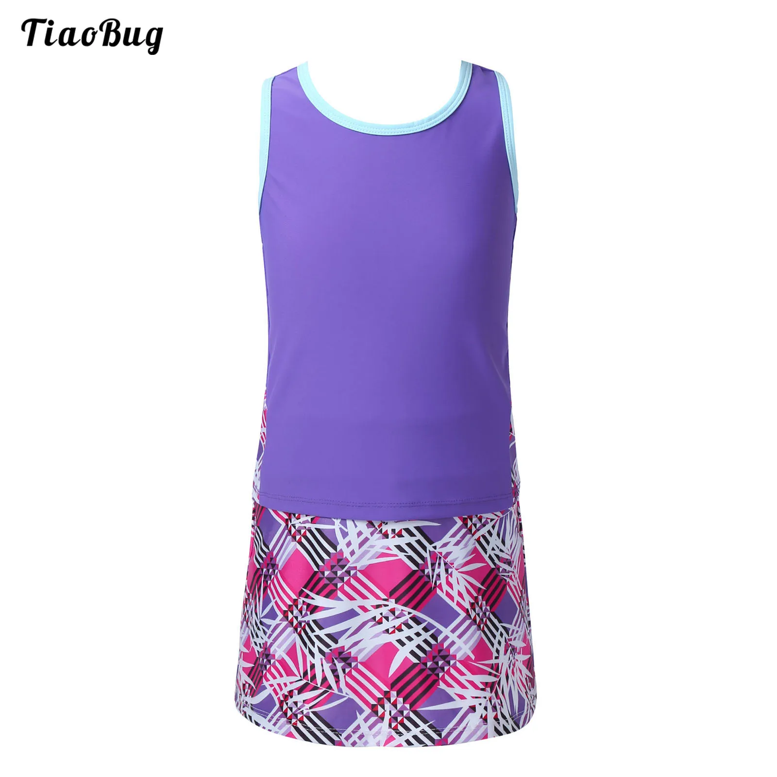 

Summer Kids Girls 2Pcs Tennis Suit Round Neck Sleeveless T-Shirt Top And Skirt With Built-In Shorts Set For Running Gym Tennis