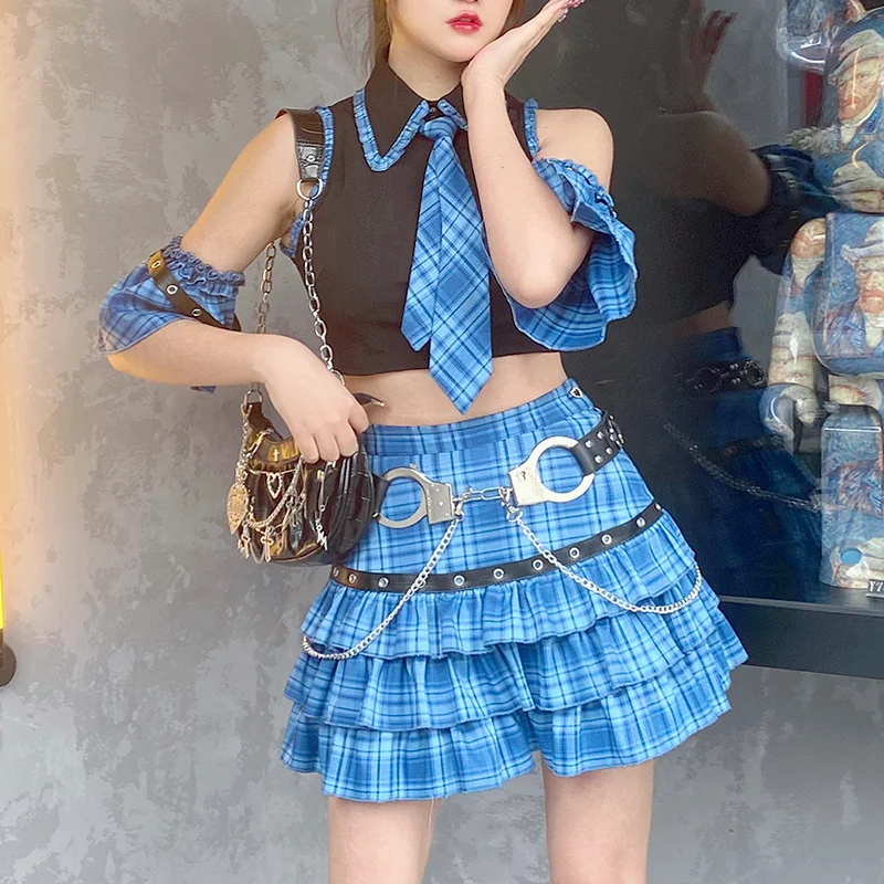 Japanese Sweet Girls Summer Blue Plaid Skirt Set Camis With Tie and Mini Pleated Plaid Skirt Punk Cute Kawaii 2pcs Outfit Femme