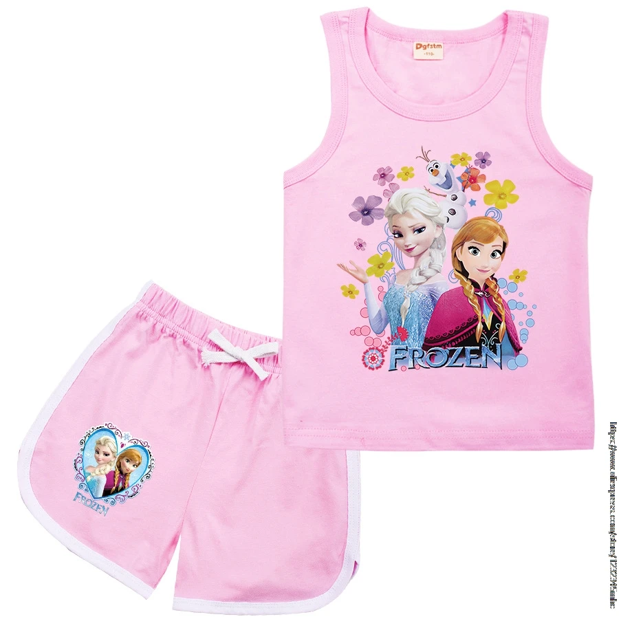 Hot Summer Frozen Kid Sport Clothes Set T-Shirt + Shorts 2pcs Child Vest Shorts Suit Sleeveless Girl Clothing Casual Suit