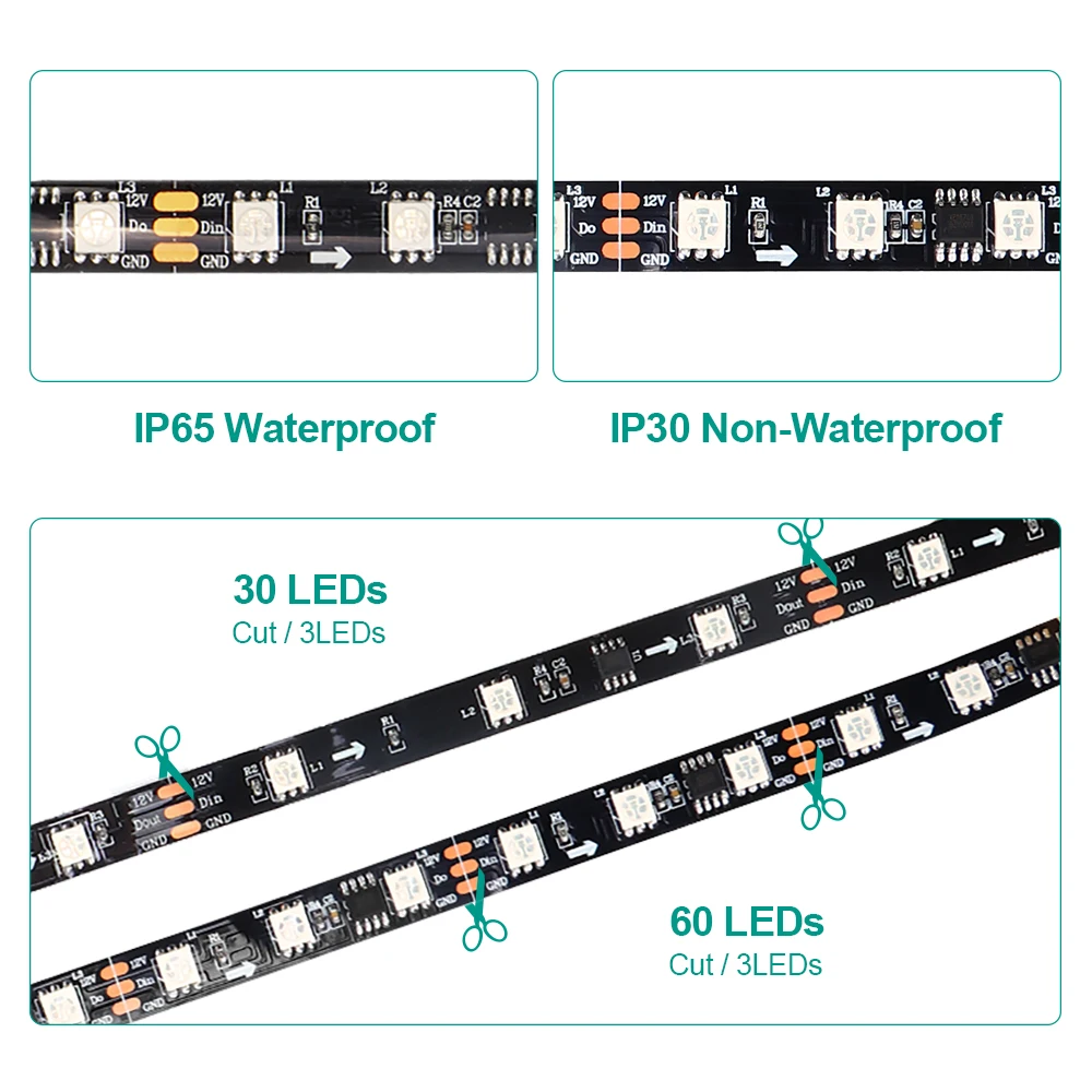 5m 10m WS2811 RGB LED Strip 5050 SMD Addressable 30/60LEDs/m SP110E Bluetooth APP Control 1 Ic Control 3 LEDs Pixel Strips Set