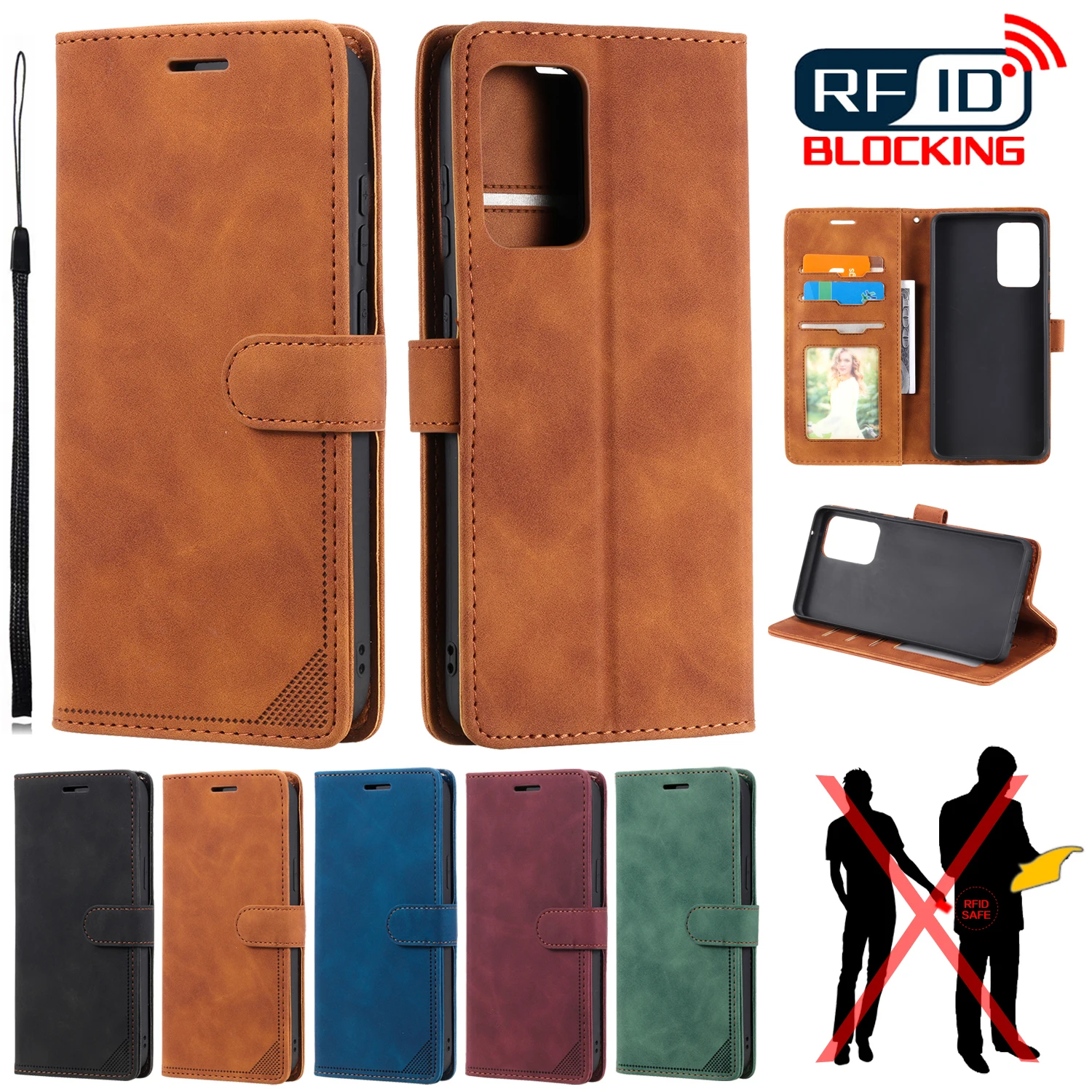 

Leather RFID Blocking Flip Case For Galaxy A02S A03S A12 A22 A32 4G A42 A52 A72 5G A02 Protect Cover Stand Card Slots Soft Bag