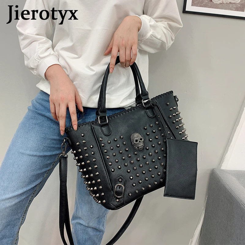 JIEROTYX Women Bags Leather Crossbody Bag Purse Skull Hangbag Great Quality Large Capacity Fashion Rivet Gothic Style Dropship