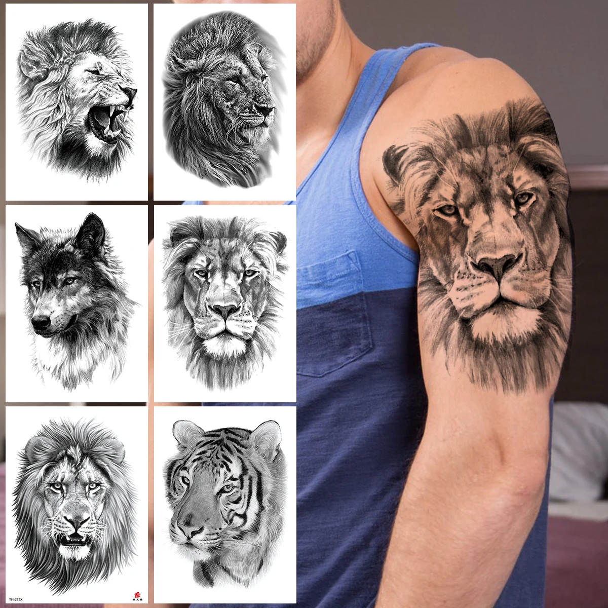 Large Lion Wolf Temporary Tattoo For Men Women Adult Ferocious Tiger Tattoos Sticker Black High Quality Fake Tatoos Long Lasting