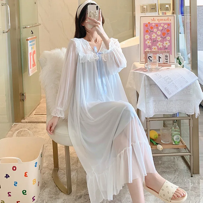 Fdfklak Sweet Spring Nightgowns Women Mesh Cotton Yarn Night Dress Long Sleeve Nightshirt Female Loose Home Wear Clothes