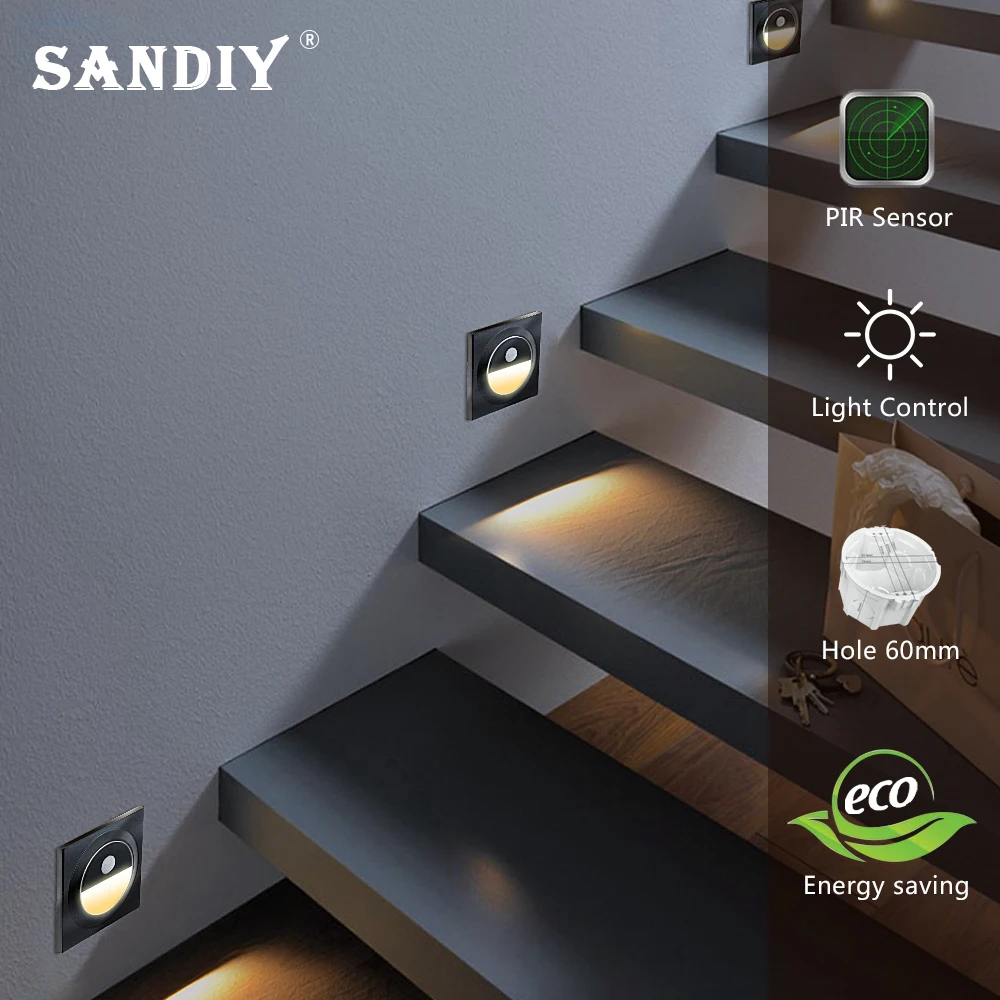 SANDIY Led Wall Light Step&Stair Lamp Motion Sensor Embedded Night Sconce for Ladder Bedroom Corridor Staircase Fit EU 60mm Box