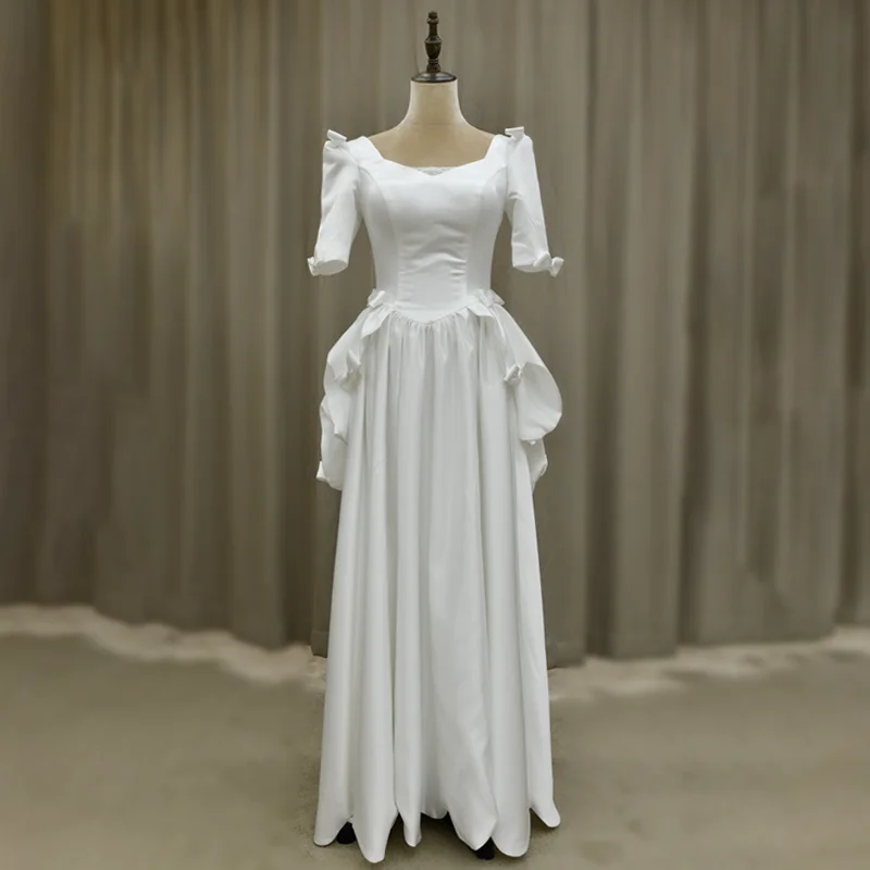 #3153 foto reali di FANWEIMEI abito da sposa Vintage a mezza manica con scollo a barchetta in raso stile colonna lunghezza pavimento abiti da sposa