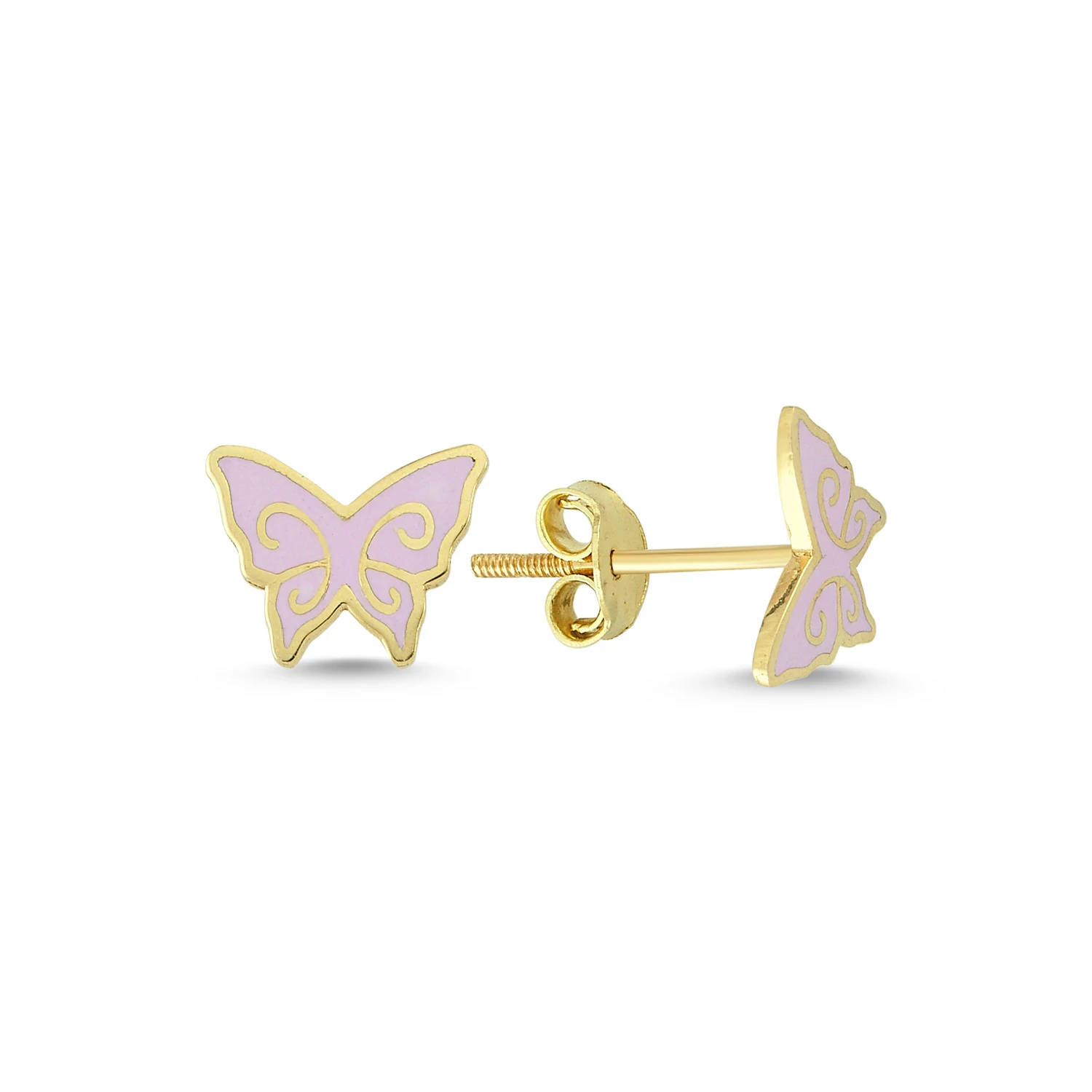 14K Real Gold Enamel Butterfly Children Stud Earrings