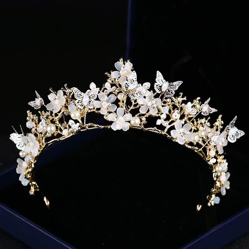 

New Wedding Crown Baroque Pearl Rhinestone Crown Headband Butterfly Hairband Bridal Hair Accessories Princess Crown Bridal Crown