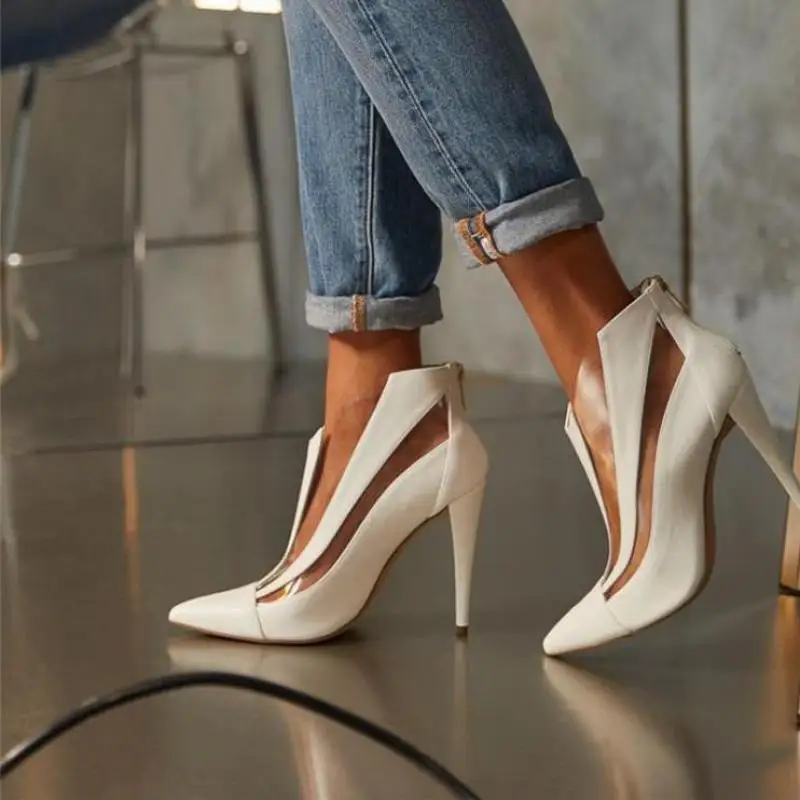 2021 Single Shoe Women\'s Sandals Pointed Toe Sexy Thin Heel Mesh Splicing High Heels Pumps Large Size Beige Elegant Ankle Boots